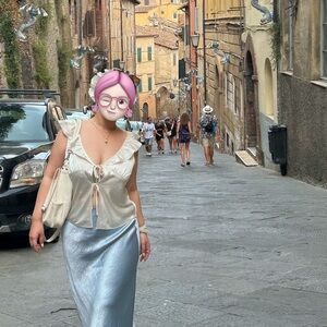 Aritzia White Ruffled Top and Ice blue satin Skirt